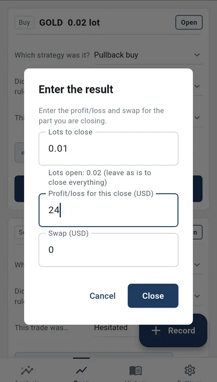 Entering the result on Android: lots to close, profit or loss for this close, and swap