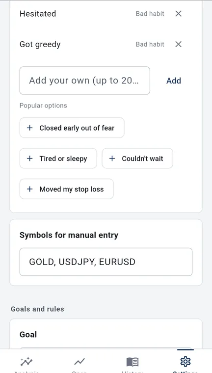 The option settings on Android, with a field to add your own option and buttons for popular options