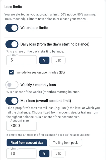 Loss limits in Settings in the web version: daily loss 5%, and max loss fixed from the account size at 10%