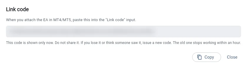 The screen right after issuing a link code in the web version. The code is blurred. A Copy button and a note not to share the code