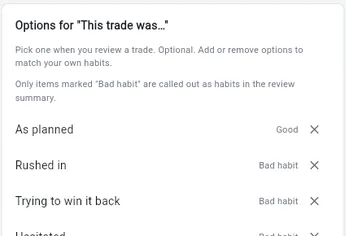 The options for “This trade was…” in the web version settings: as planned marked Good, rushed in and others marked Bad habit