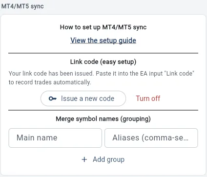 The MT4/MT5 sync section of Settings in the web version: a link to the setup guide, a link code already issued with Issue a new code and Turn off, and merge symbol names