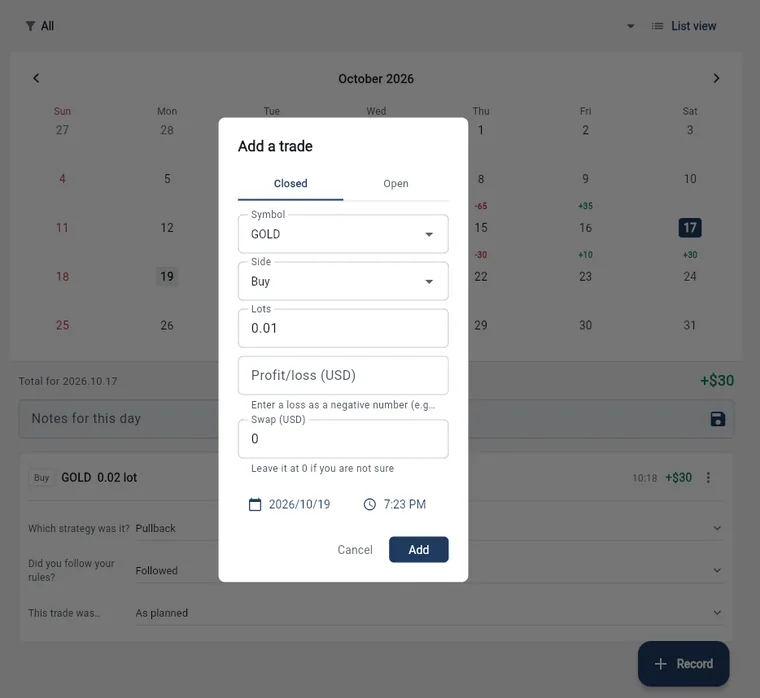 The Add a trade screen of the web version on a computer, with tabs for closed and open trades and fields for symbol, side, lots, profit or loss, swap, and the date and time