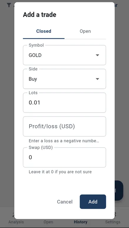 The add-trade screen of the Android app, with fields for symbol, side, lots, profit or loss and swap