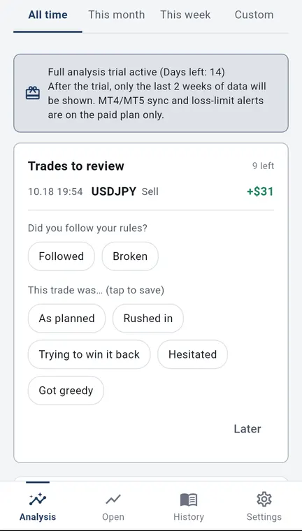 A card on Android for a trade you have not reviewed yet, with choices for whether you followed your rules and “This trade was…”