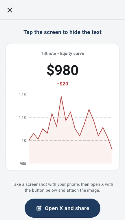 The sharing screen for the equity curve on Android, with the balance chart and a button to open X and share