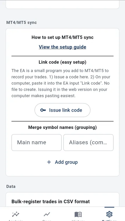 The MT4/MT5 sync section of Settings on Android: view the setup guide, issue link code, and merge symbol names