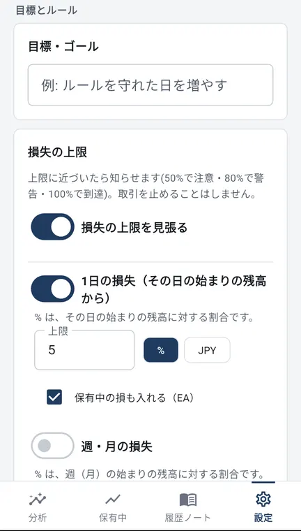 Android 版の設定の損失の上限。50%で注意、80%で警告、100%で到達と書かれている